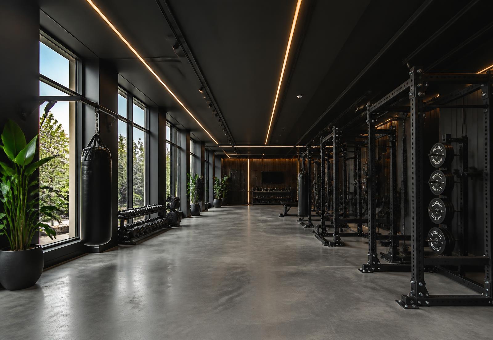 Plateau principal de NOVA FITNESS : racks en acier noir, sol béton et grandes baies vitrées